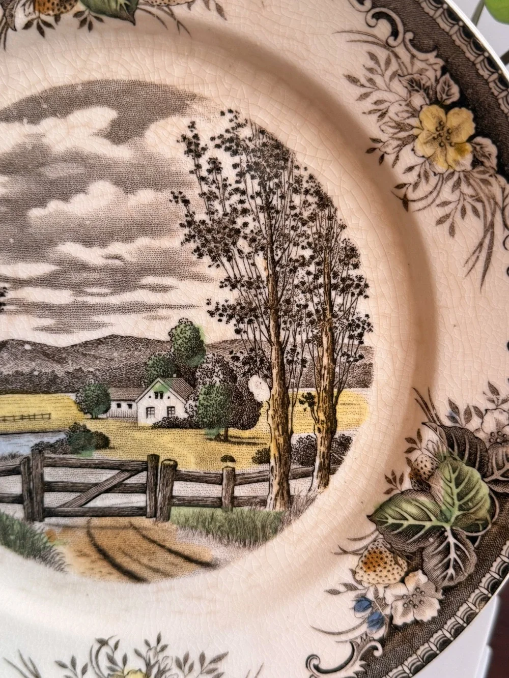 Vintage Scenic Farmhouse Decorative Dinner Plate - Cream, Brown, Green